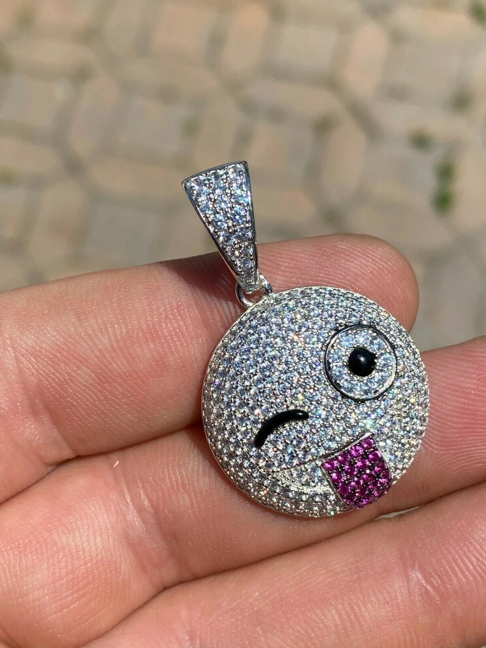Real Solid 925 Silver Hip Hop Pendant Necklace Iced Wink Smiley Face Emoji 5 Real Solid 925 Silver Hip Hop Pendant Necklace Iced Wink Smiley Face Emoji - Image 3