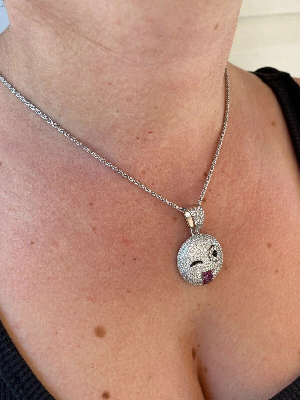 Real Solid 925 Silver Hip Hop Pendant Necklace Iced Wink Smiley Face Emoji 10 Real Solid 925 Silver Hip Hop Pendant Necklace Iced Wink Smiley Face Emoji - Image 8