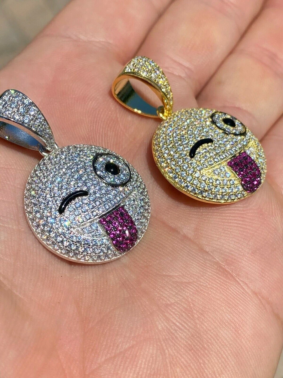 Real Solid 925 Silver Hip Hop Pendant Necklace Iced Wink Smiley Face Emoji 7 Real Solid 925 Silver Hip Hop Pendant Necklace Iced Wink Smiley Face Emoji - Image 5