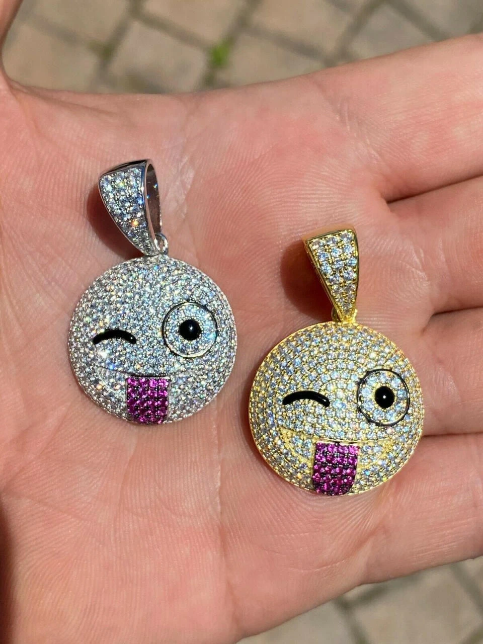 Real Solid 925 Silver Hip Hop Pendant Necklace Iced Wink Smiley Face Emoji 4 Real Solid 925 Silver Hip Hop Pendant Necklace Iced Wink Smiley Face Emoji - Image 2