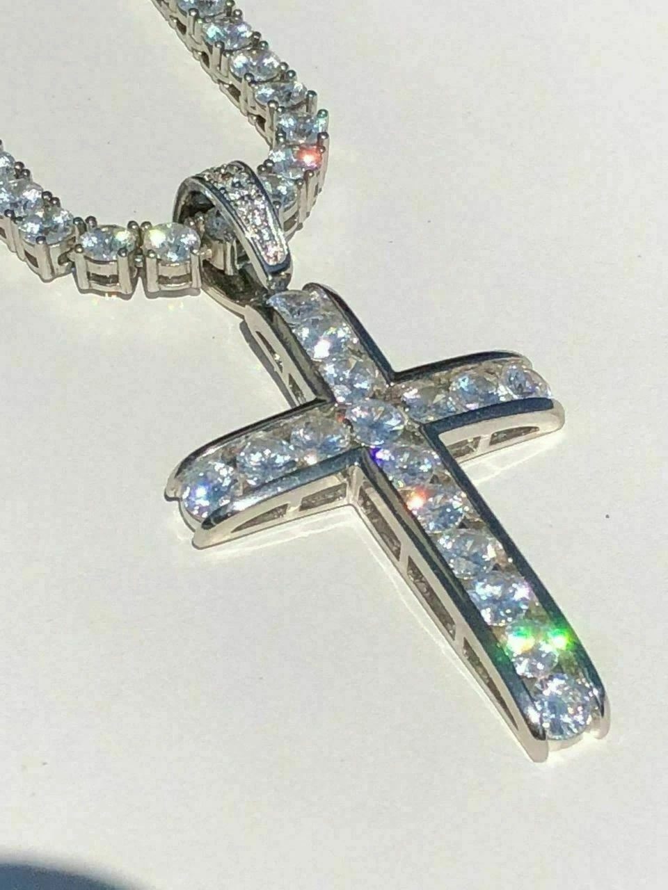 Real Solid 925 Silver Icy Channel Set Tennis Cross Diamond W. Chain Men's ICED 12 Real Solid 925 Silver Icy Channel Set Tennis Cross Diamond W. Chain Men's ICED - Image 10