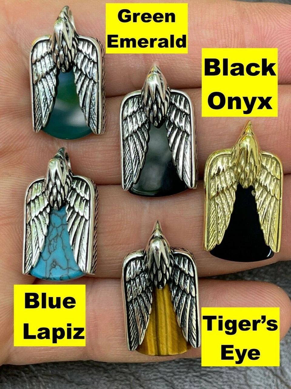 Real Solid 925 Silver Mens Eagle Dog Tag Pendant Green Black Blue Stone Necklace 4 Real Solid 925 Silver Mens Eagle Dog Tag Pendant Green Black Blue Stone Necklace - Image 2