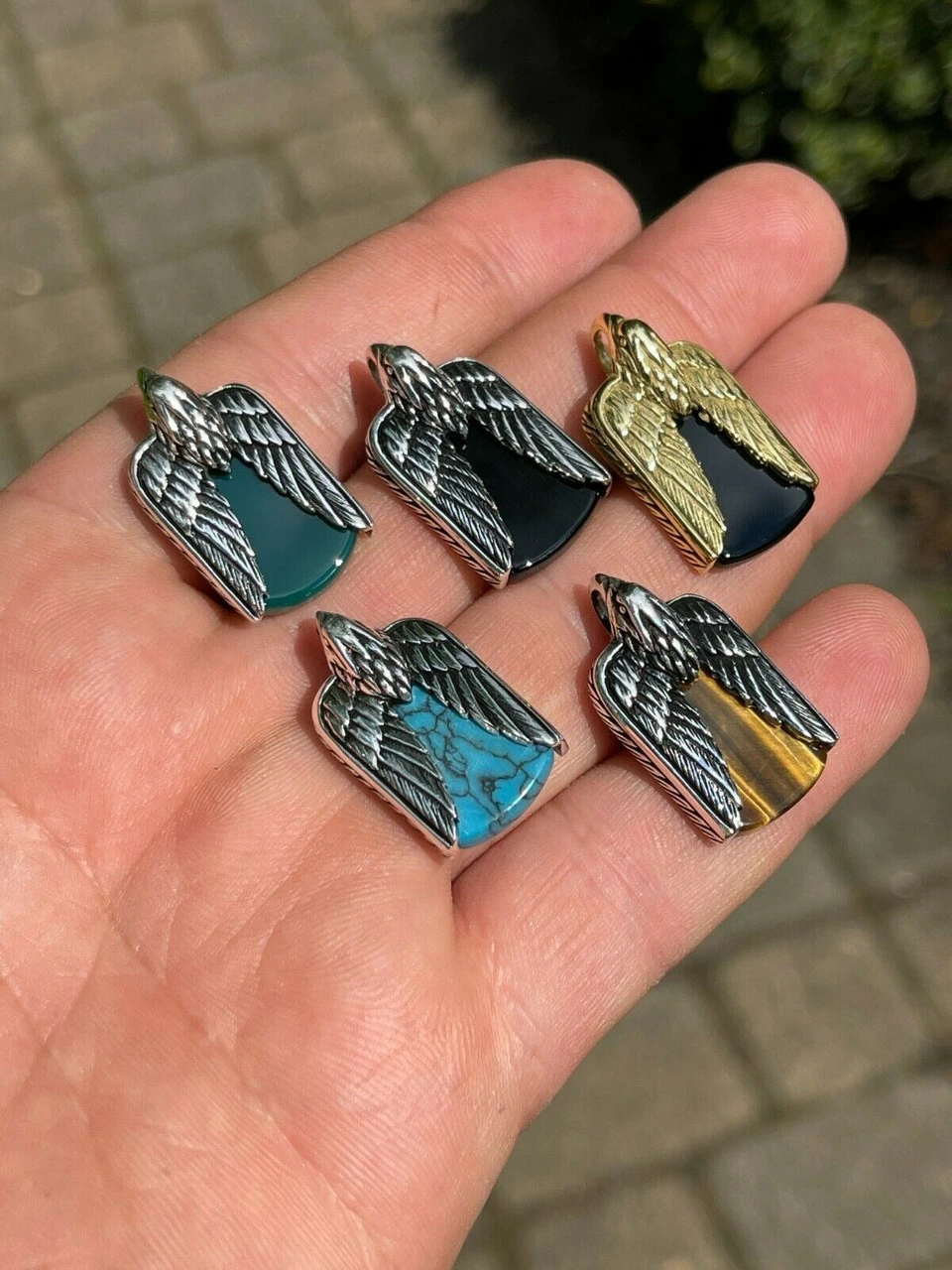 Real Solid 925 Silver Mens Eagle Dog Tag Pendant Green Black Blue Stone Necklace 7 Real Solid 925 Silver Mens Eagle Dog Tag Pendant Green Black Blue Stone Necklace - Image 5