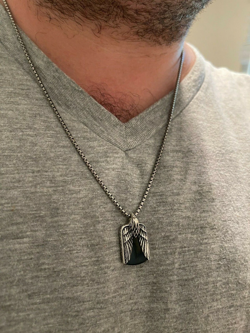 Real Solid 925 Silver Mens Eagle Dog Tag Pendant Green Black Blue Stone Necklace 10 Real Solid 925 Silver Mens Eagle Dog Tag Pendant Green Black Blue Stone Necklace - Image 8