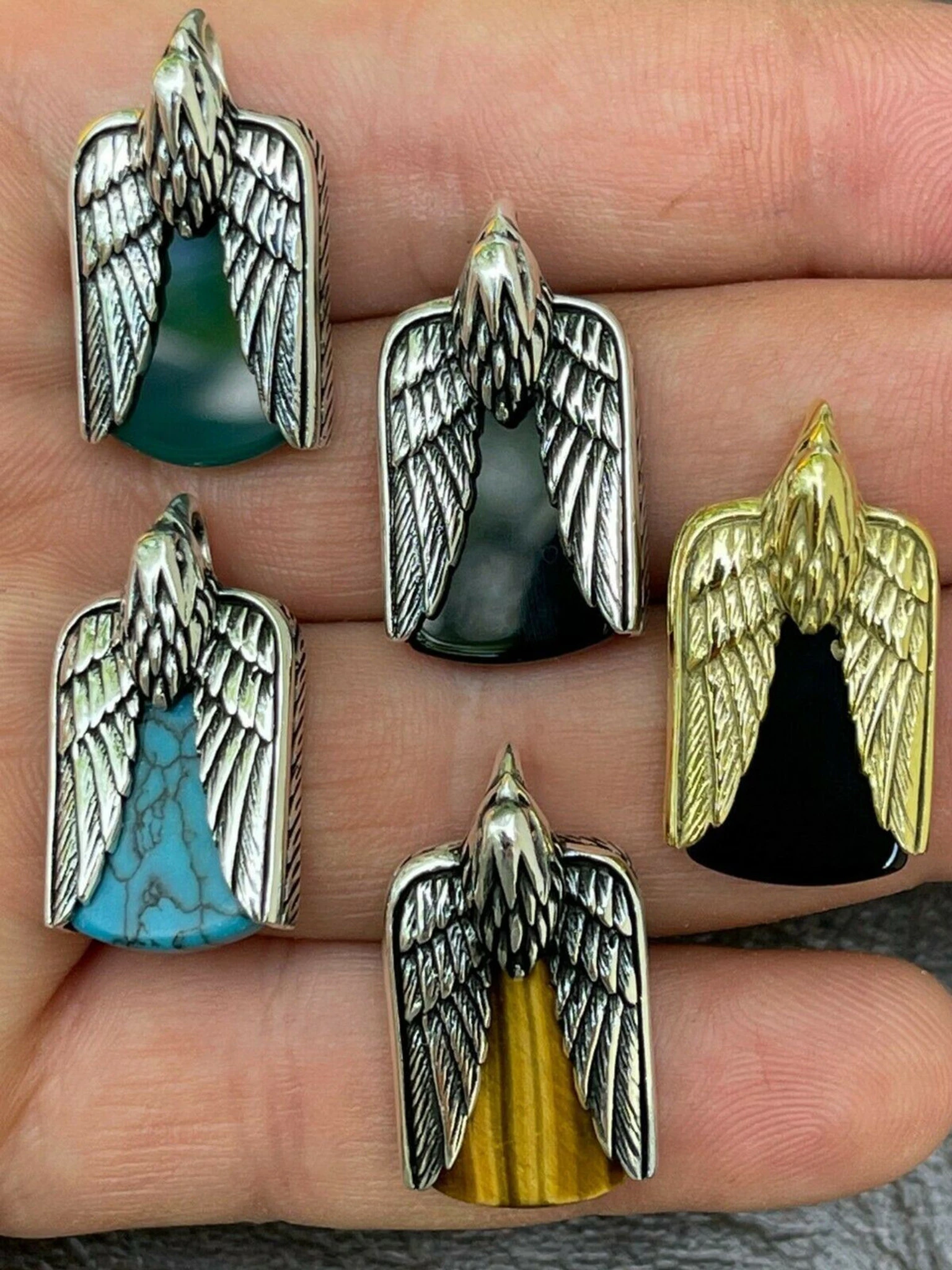 Real Solid 925 Silver Mens Eagle Dog Tag Pendant Green Black Blue Stone Necklace 3 Real Solid 925 Silver Mens Eagle Dog Tag Pendant Green Black Blue Stone Necklace