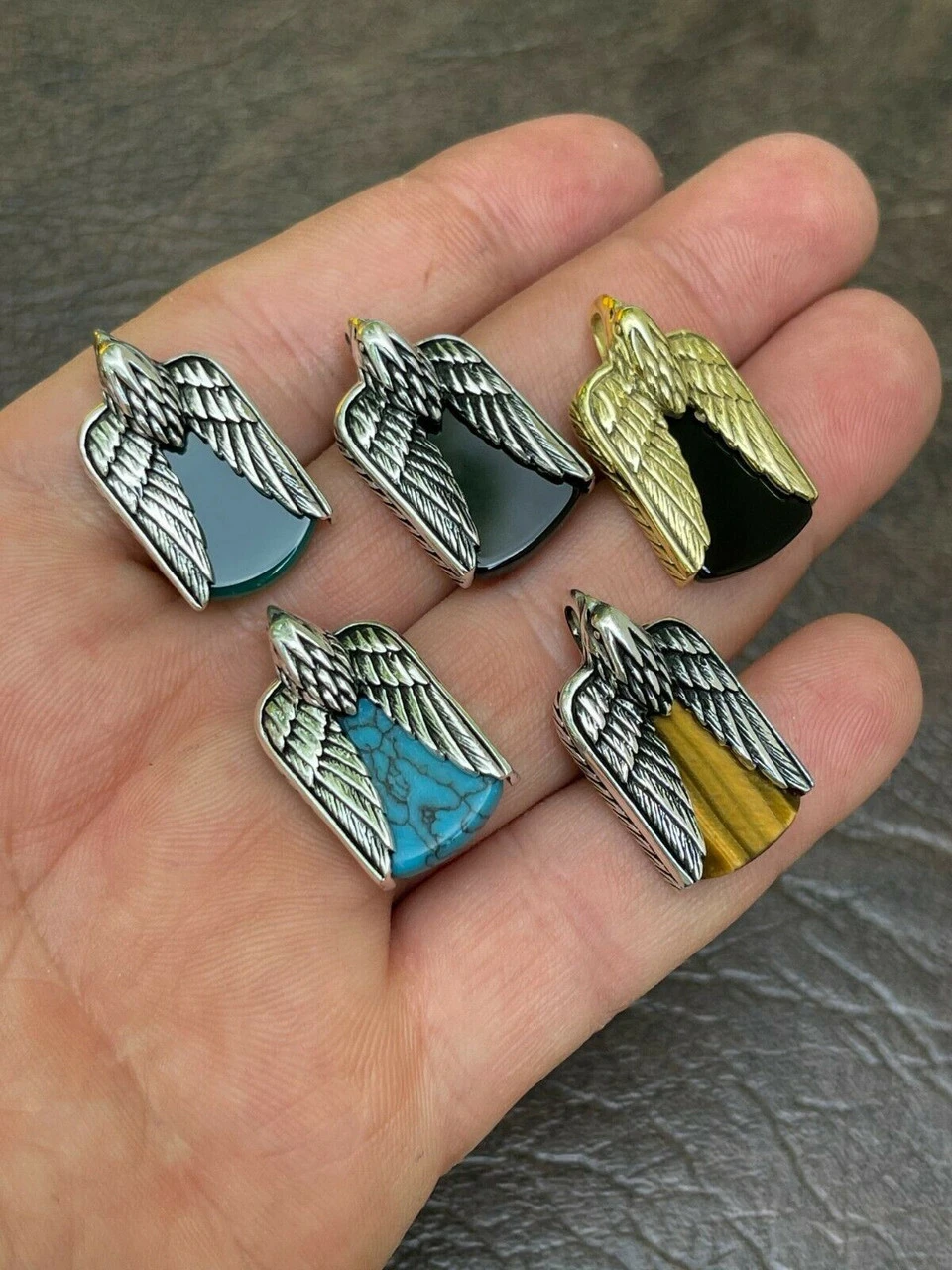 Real Solid 925 Silver Mens Eagle Dog Tag Pendant Green Black Blue Stone Necklace 5 Real Solid 925 Silver Mens Eagle Dog Tag Pendant Green Black Blue Stone Necklace - Image 3