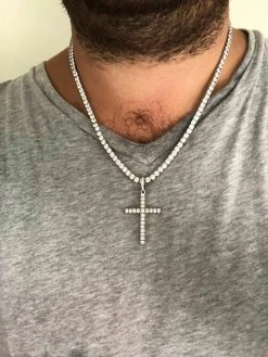 Real Solid 925 Silver Tennis Cross SUPER ICED Man Made Diamond W. Chain Men's 2" 18 Real Solid 925 Silver Tennis Cross SUPER ICED Man Made Diamond W. Chain Men's 2" -Harlem Bling Shop harlembling real solid 925 silver tennis cross super iced man made diamond w chain mens 2 33110.1664371952