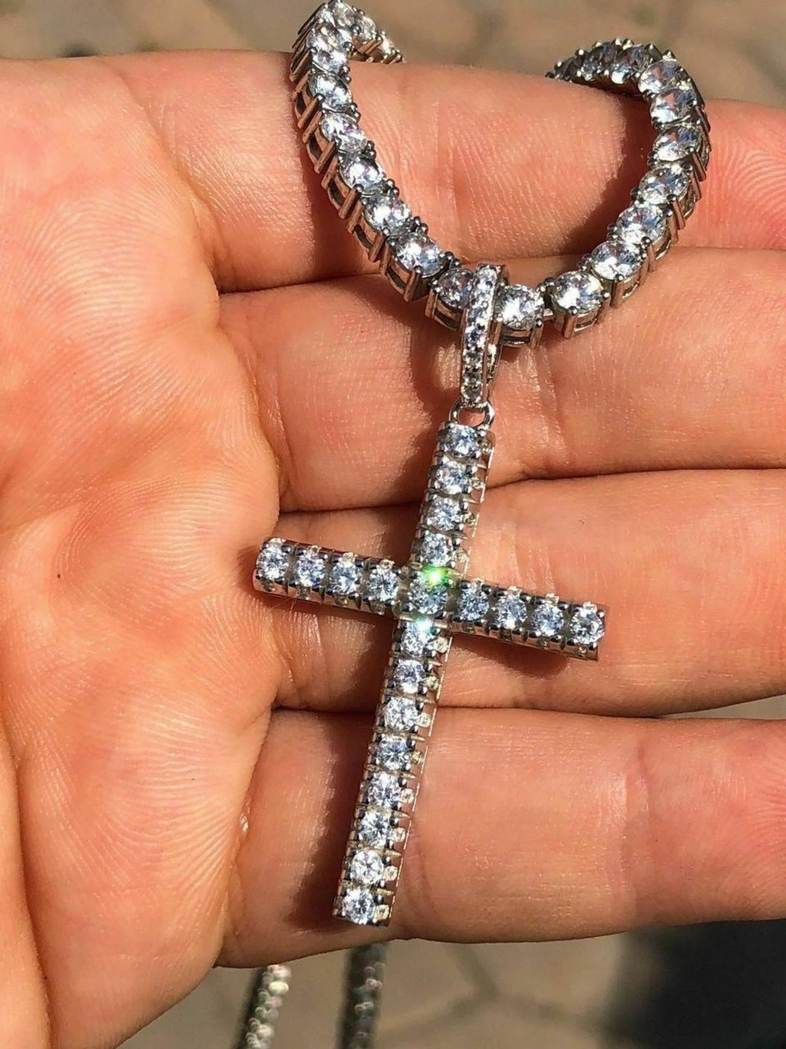 Real Solid 925 Silver Tennis Cross SUPER ICED Man Made Diamond W. Chain Men's 2" 3 Real Solid 925 Silver Tennis Cross SUPER ICED Man Made Diamond W. Chain Men's 2"