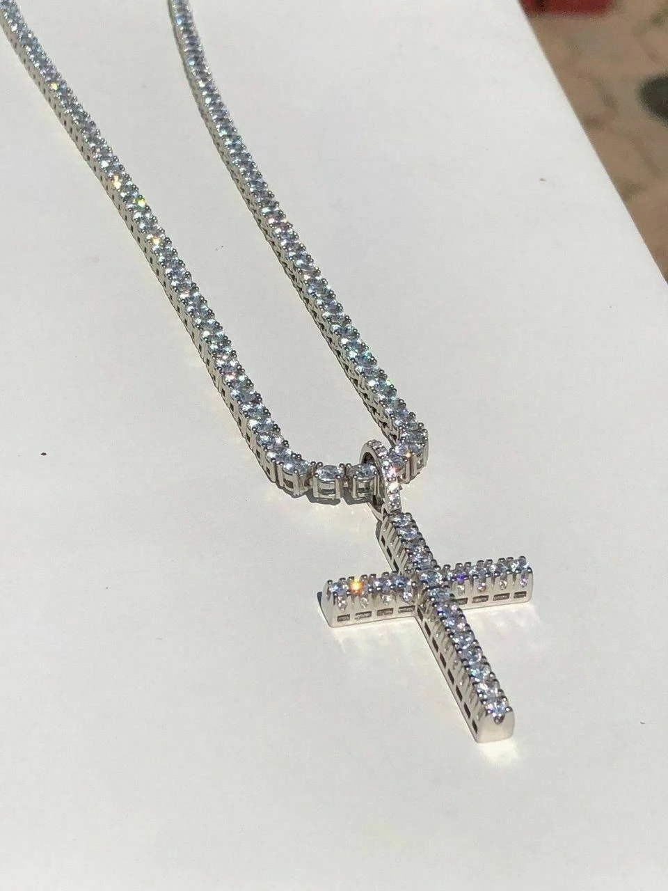 Real Solid 925 Silver Tennis Cross SUPER ICED Man Made Diamond W. Chain Men's 2" 11 Real Solid 925 Silver Tennis Cross SUPER ICED Man Made Diamond W. Chain Men's 2" - Image 9