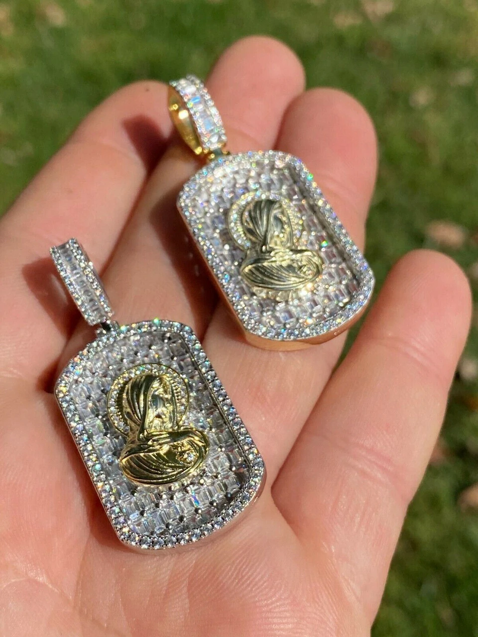 Real Solid 925 Silver Virgin Mary Iced Baguette Diamond DogTag Pendant Necklace 11 Real Solid 925 Silver Virgin Mary Iced Baguette Diamond DogTag Pendant Necklace - Image 9