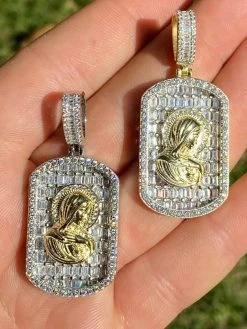 Real Solid 925 Silver Virgin Mary Iced Baguette Diamond DogTag Pendant Necklace