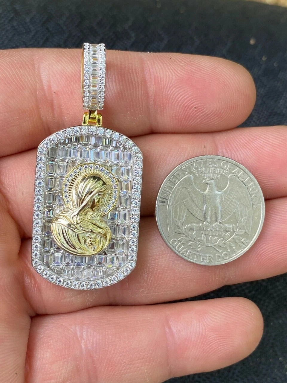 Real Solid 925 Silver Virgin Mary Iced Baguette Diamond DogTag Pendant Necklace 15 Real Solid 925 Silver Virgin Mary Iced Baguette Diamond DogTag Pendant Necklace - Image 13