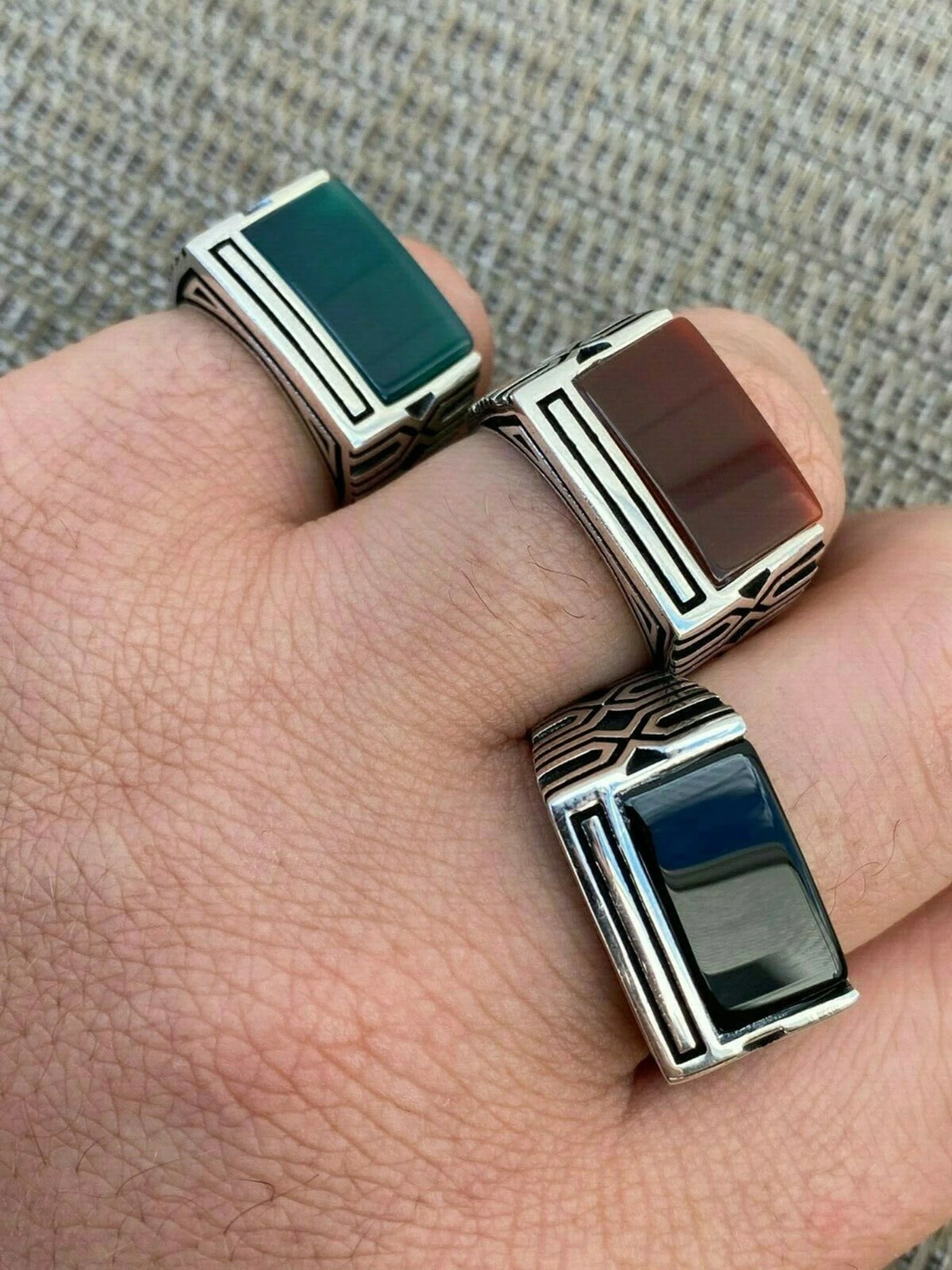 Real Solid 925 Sterling Silver Black Onyx Green Or Red Agate Men's Stone Ring 3 Real Solid 925 Sterling Silver Black Onyx Green Or Red Agate Men's Stone Ring