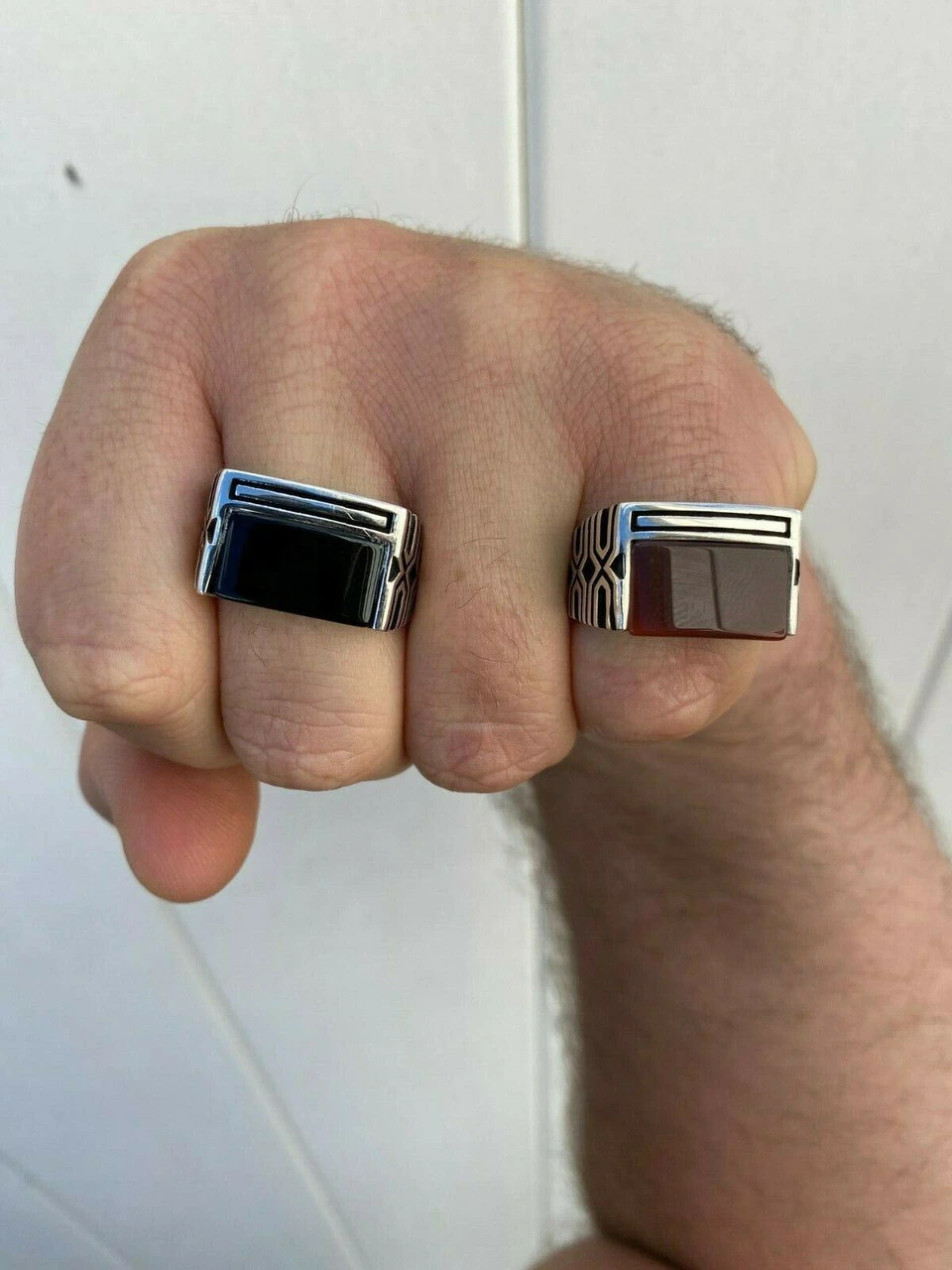 Real Solid 925 Sterling Silver Black Onyx Green Or Red Agate Men's Stone Ring 6 Real Solid 925 Sterling Silver Black Onyx Green Or Red Agate Men's Stone Ring - Image 4