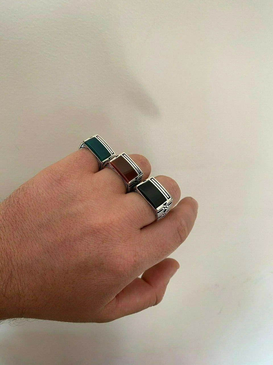 Real Solid 925 Sterling Silver Black Onyx Green Or Red Agate Men's Stone Ring 4 Real Solid 925 Sterling Silver Black Onyx Green Or Red Agate Men's Stone Ring - Image 2