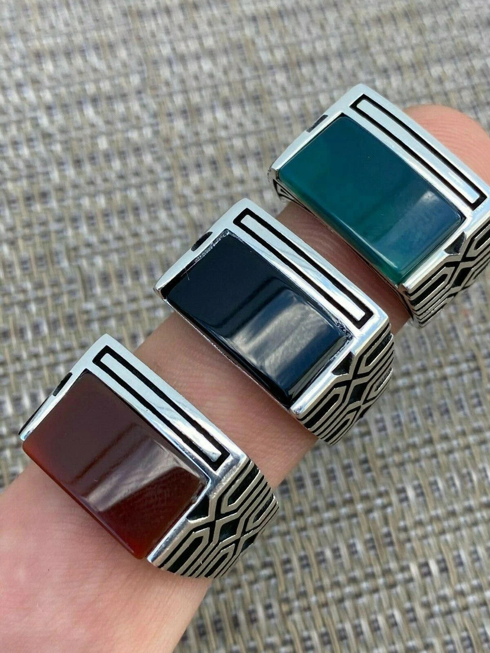 Real Solid 925 Sterling Silver Black Onyx Green Or Red Agate Men's Stone Ring 5 Real Solid 925 Sterling Silver Black Onyx Green Or Red Agate Men's Stone Ring - Image 3