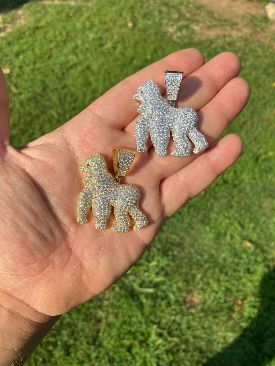Real Solid 925 Sterling Silver Gold Gorilla Pendant Ape Necklace Iced Diamond 6 Real Solid 925 Sterling Silver Gold Gorilla Pendant Ape Necklace Iced Diamond - Image 4