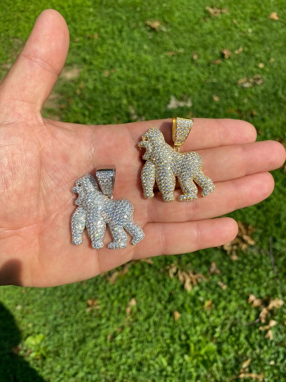 Real Solid 925 Sterling Silver Gold Gorilla Pendant Ape Necklace Iced Diamond 5 Real Solid 925 Sterling Silver Gold Gorilla Pendant Ape Necklace Iced Diamond - Image 3