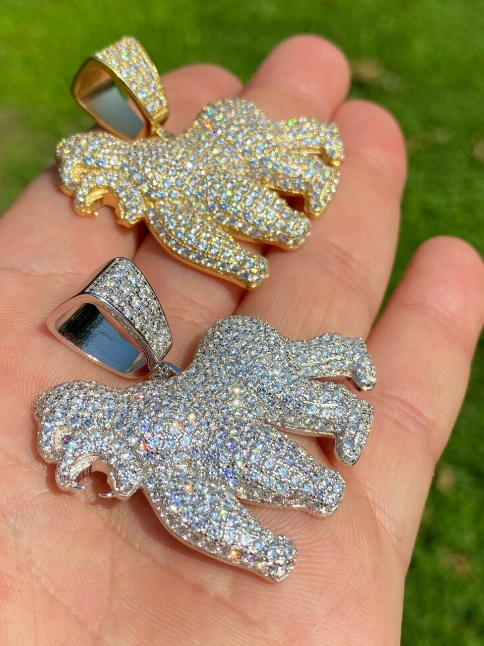 Real Solid 925 Sterling Silver Gold Gorilla Pendant Ape Necklace Iced Diamond 4 Real Solid 925 Sterling Silver Gold Gorilla Pendant Ape Necklace Iced Diamond - Image 2