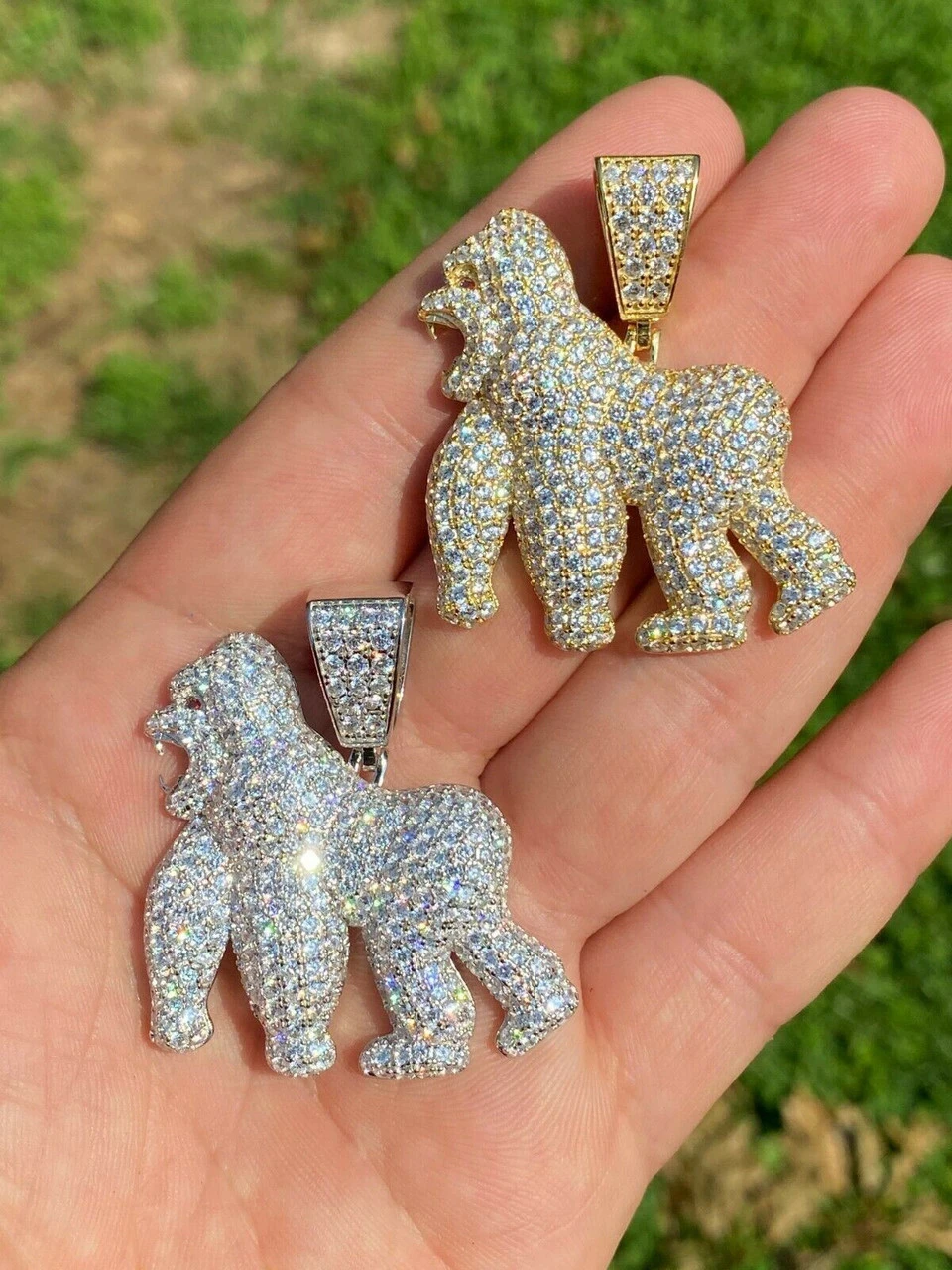Real Solid 925 Sterling Silver Gold Gorilla Pendant Ape Necklace Iced Diamond 11 Real Solid 925 Sterling Silver Gold Gorilla Pendant Ape Necklace Iced Diamond - Image 9