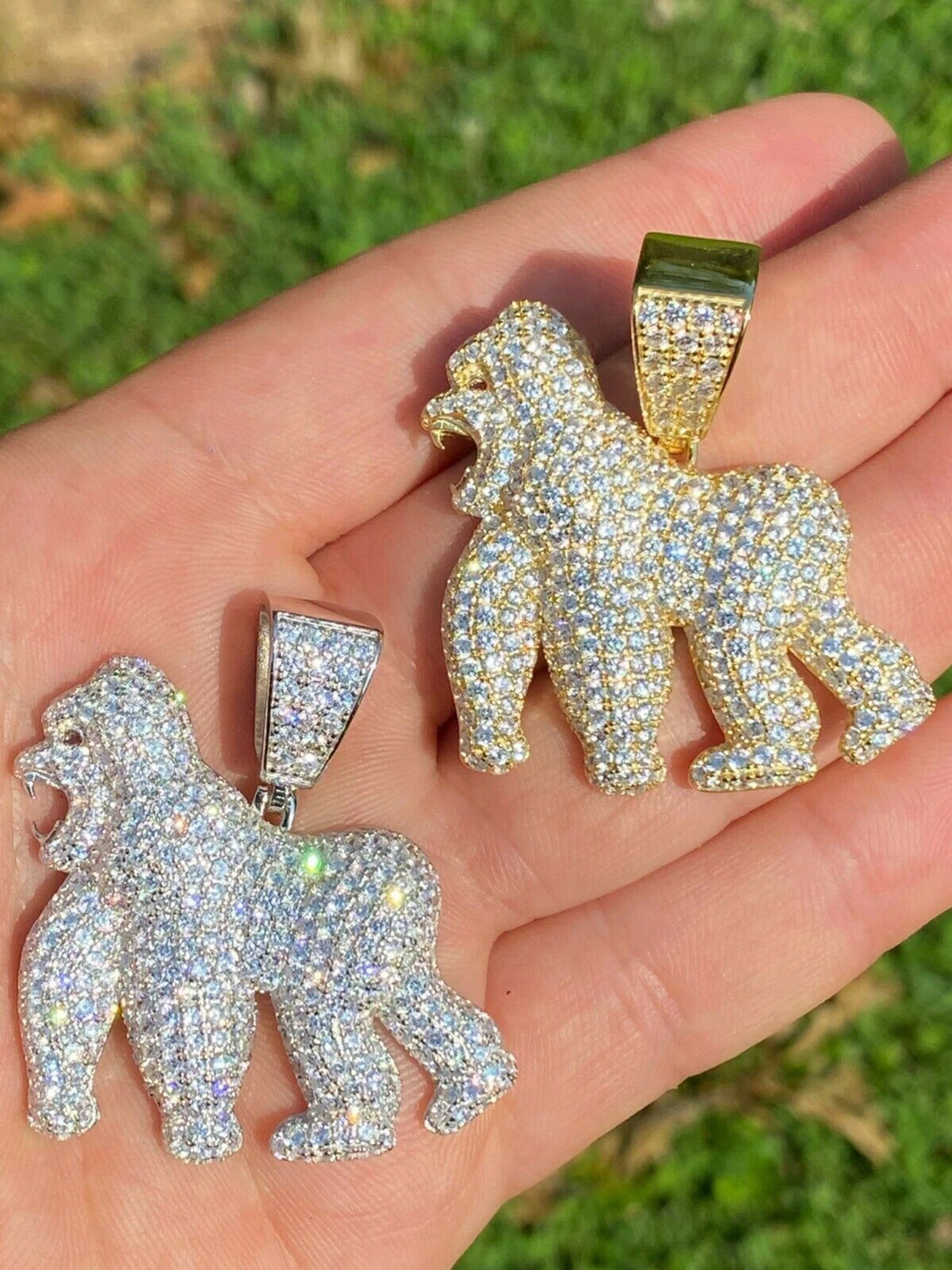 Real Solid 925 Sterling Silver Gold Gorilla Pendant Ape Necklace Iced Diamond 3 Real Solid 925 Sterling Silver Gold Gorilla Pendant Ape Necklace Iced Diamond