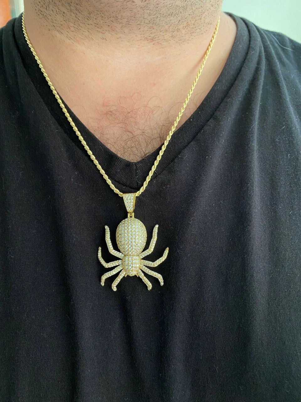 REAL Solid 925 Sterling Silver Spider Pendant Necklace Iced Gold HipHop Big 1.5" 6 REAL Solid 925 Sterling Silver Spider Pendant Necklace Iced Gold HipHop Big 1.5" - Image 4