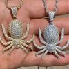 REAL Solid 925 Sterling Silver Spider Pendant Necklace Iced Gold HipHop Big 1.5"