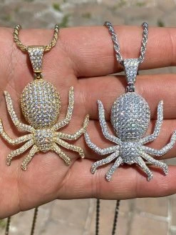 REAL Solid 925 Sterling Silver Spider Pendant Necklace Iced Gold HipHop Big 1.5"