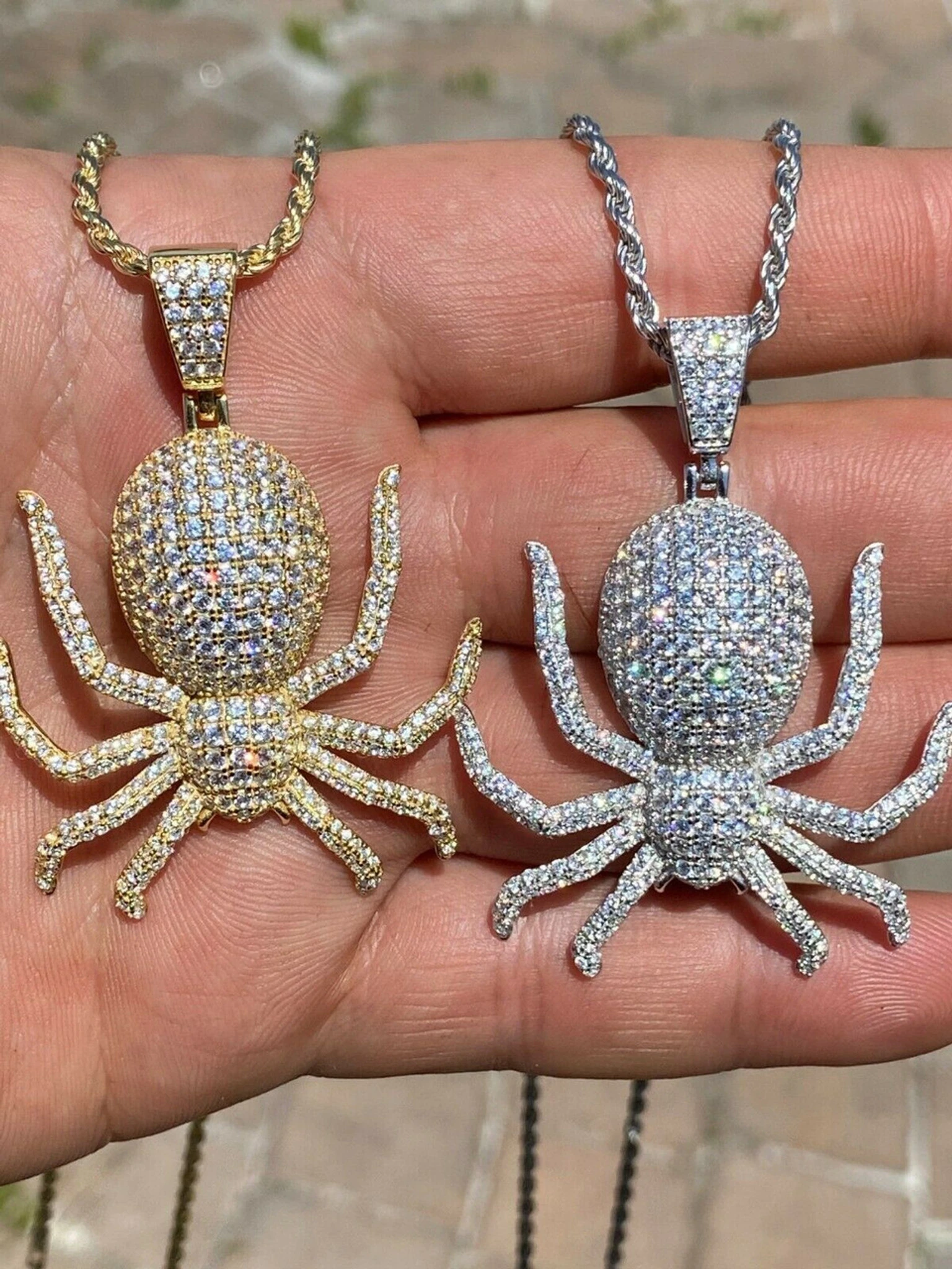 REAL Solid 925 Sterling Silver Spider Pendant Necklace Iced Gold HipHop Big 1.5" 3 REAL Solid 925 Sterling Silver Spider Pendant Necklace Iced Gold HipHop Big 1.5"