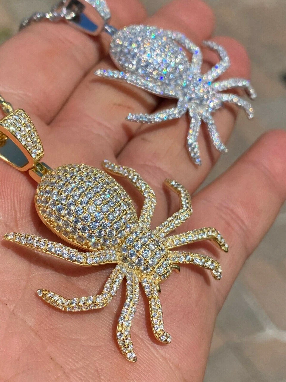 REAL Solid 925 Sterling Silver Spider Pendant Necklace Iced Gold HipHop Big 1.5" 4 REAL Solid 925 Sterling Silver Spider Pendant Necklace Iced Gold HipHop Big 1.5" - Image 2