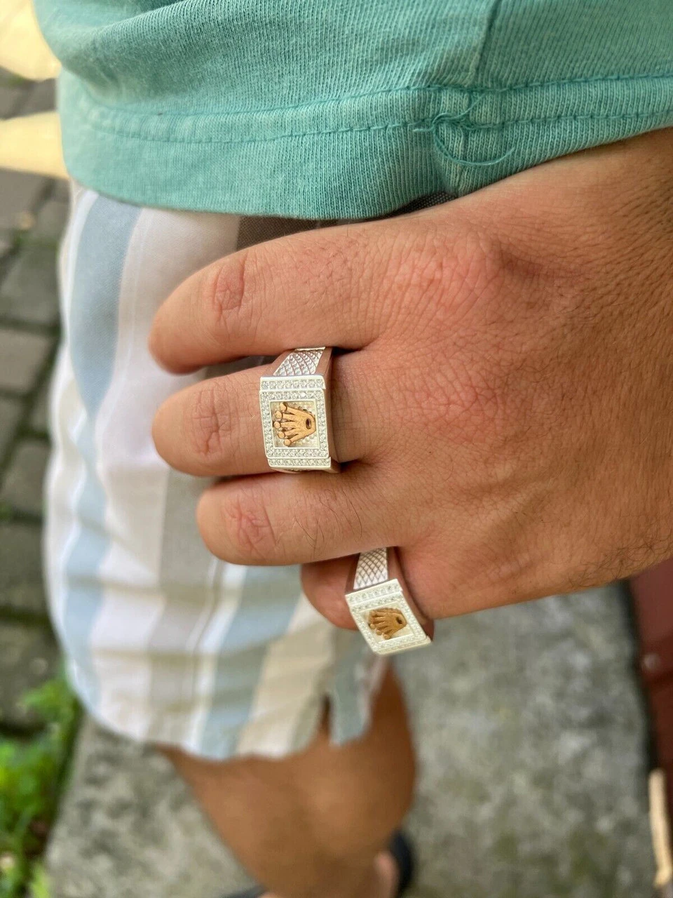 Real Solid 925 Sterling Silver W. 14k Rose Gold Iced Out Crown Diamond Pinky Ring Hip Hop 5 Real Solid 925 Sterling Silver W. 14k Rose Gold Iced Out Crown Diamond Pinky Ring Hip Hop - Image 3