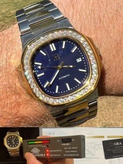 Real Stainless & 14k Gold Iced 2ct Moissanite Watch Blue Face Pass Diamond Test
