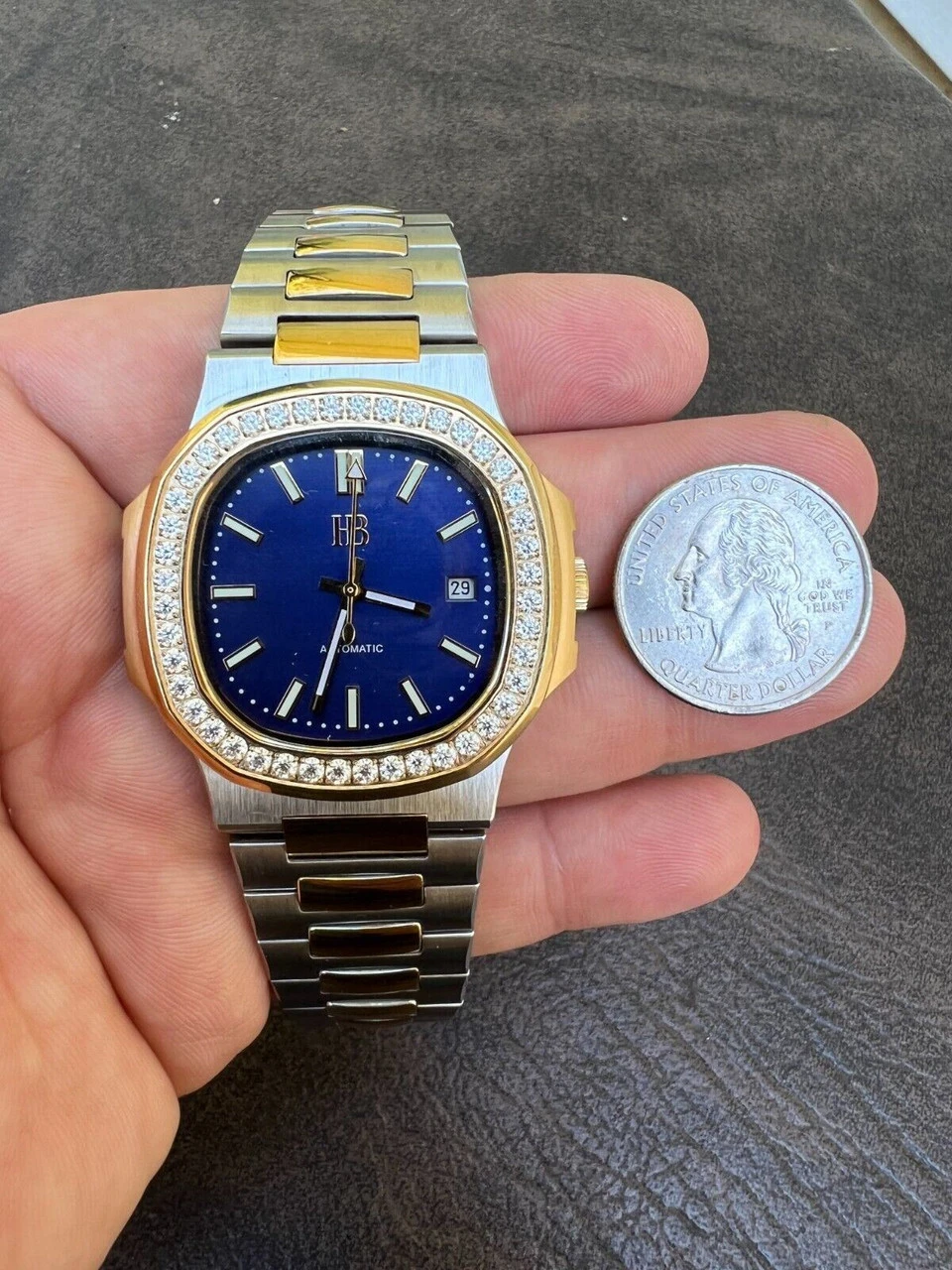 Real Stainless & 14k Gold Iced 2ct Moissanite Watch Blue Face Pass Diamond Test 7 Real Stainless & 14k Gold Iced 2ct Moissanite Watch Blue Face Pass Diamond Test - Image 5