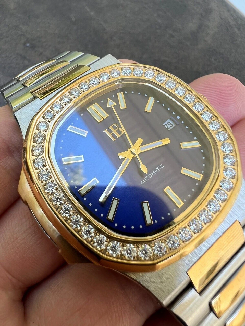 Real Stainless & 14k Gold Iced 2ct Moissanite Watch Blue Face Pass Diamond Test 9 Real Stainless & 14k Gold Iced 2ct Moissanite Watch Blue Face Pass Diamond Test - Image 7