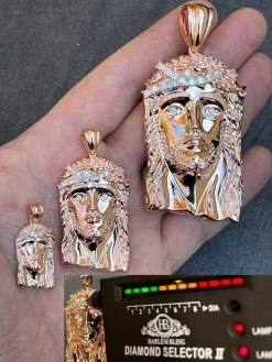 Rose 14k Gold Vermeil Jesus Piece Pendant Baguette MOISSANITE Pass Diamond Test