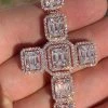 Rose Gold Over Solid 925 Silver Men's Large Baguette Diamond Cross Necklace 2"