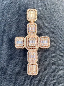 Rose Gold Over Solid 925 Silver Men's Large Baguette Diamond Cross Necklace 2" -Harlem Bling Shop harlembling rose gold over solid 925 silver mens large baguette diamond cross necklace 2 54331.1664394935