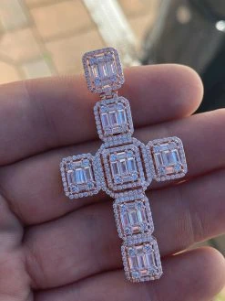 Rose Gold Over Solid 925 Silver Men's Large Baguette Diamond Cross Necklace 2" -Harlem Bling Shop harlembling rose gold over solid 925 silver mens large baguette diamond cross necklace 2 58541.1664389433
