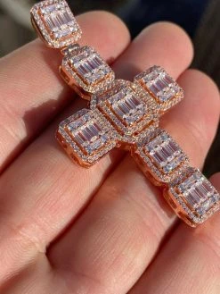 Rose Gold Over Solid 925 Silver Men's Large Baguette Diamond Cross Necklace 2" -Harlem Bling Shop harlembling rose gold over solid 925 silver mens large baguette diamond cross necklace 2 70532.1664400275