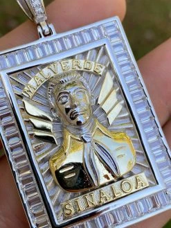 Silver & Gold Iced Jesus Malverde Chain Pendant 16 Silver & Gold Iced Jesus Malverde Chain Pendant -Harlem Bling Shop harlembling silver and gold iced jesus malverde chain pendant 39759.1664387245