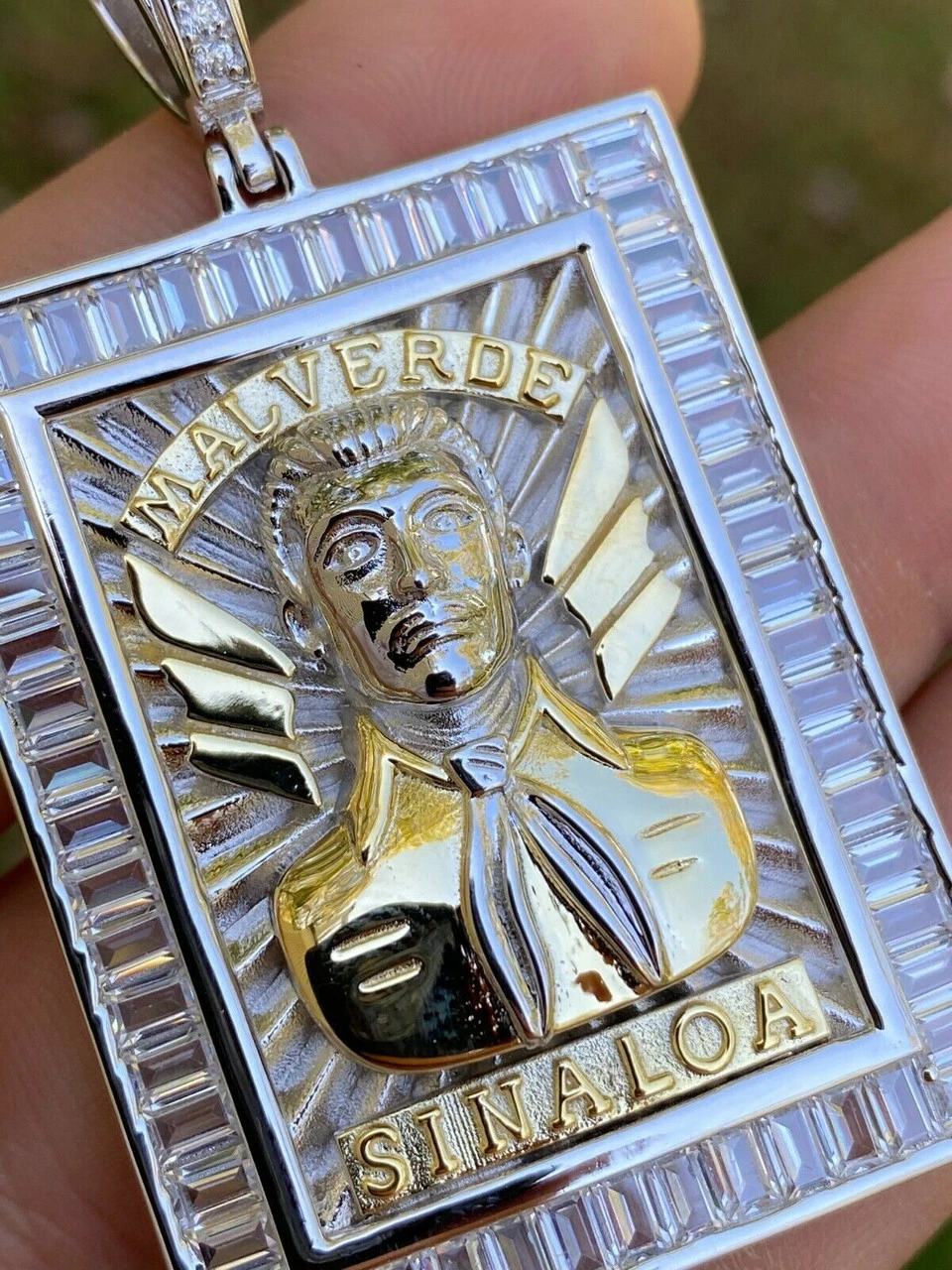 Silver & Gold Iced Jesus Malverde Chain Pendant 7 Silver & Gold Iced Jesus Malverde Chain Pendant - Image 5