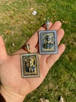 Silver & Gold Iced Jesus Malverde Chain Pendant 17 Silver & Gold Iced Jesus Malverde Chain Pendant -Harlem Bling Shop harlembling silver and gold iced jesus malverde chain pendant 47561.1664398697