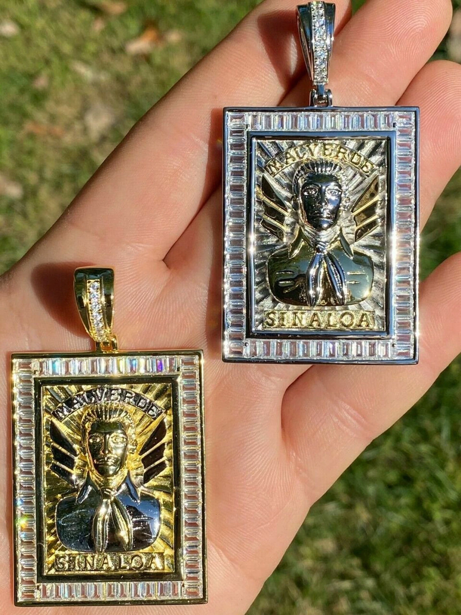 Silver & Gold Iced Jesus Malverde Chain Pendant 3 Silver & Gold Iced Jesus Malverde Chain Pendant