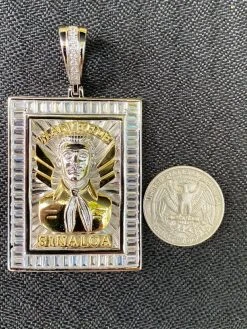 Silver & Gold Iced Jesus Malverde Chain Pendant 18 Silver & Gold Iced Jesus Malverde Chain Pendant -Harlem Bling Shop harlembling silver and gold iced jesus malverde chain pendant 98981.1664388939