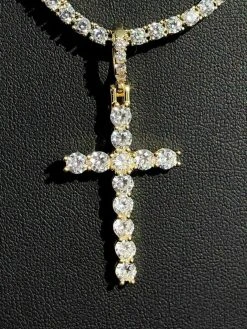 Single Row Tennis Chain W. Cross 14k Gold & 925 Sterling Silver 40ct Diamond