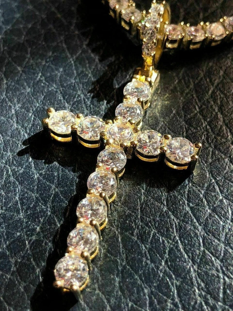 Single Row Tennis Chain W. Cross 14k Gold & 925 Sterling Silver 40ct Diamond 10 Single Row Tennis Chain W. Cross 14k Gold & 925 Sterling Silver 40ct Diamond - Image 8