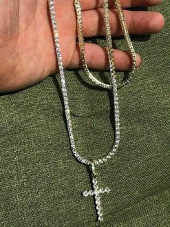 Single Row Tennis Chain W. Cross 14k Gold & 925 Sterling Silver 40ct Diamond 16 Single Row Tennis Chain W. Cross 14k Gold & 925 Sterling Silver 40ct Diamond -Harlem Bling Shop harlembling single row tennis chain w cross 14k gold and 925 sterling silver 40ct diamond 68057.1664374620