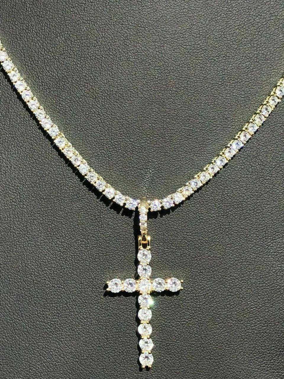 Single Row Tennis Chain W. Cross 14k Gold & 925 Sterling Silver 40ct Diamond 4 Single Row Tennis Chain W. Cross 14k Gold & 925 Sterling Silver 40ct Diamond - Image 2