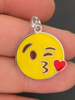Smiley Blow Kiss Love Emoji Solid 925 Sterling Silver 1" Pendant For Necklace