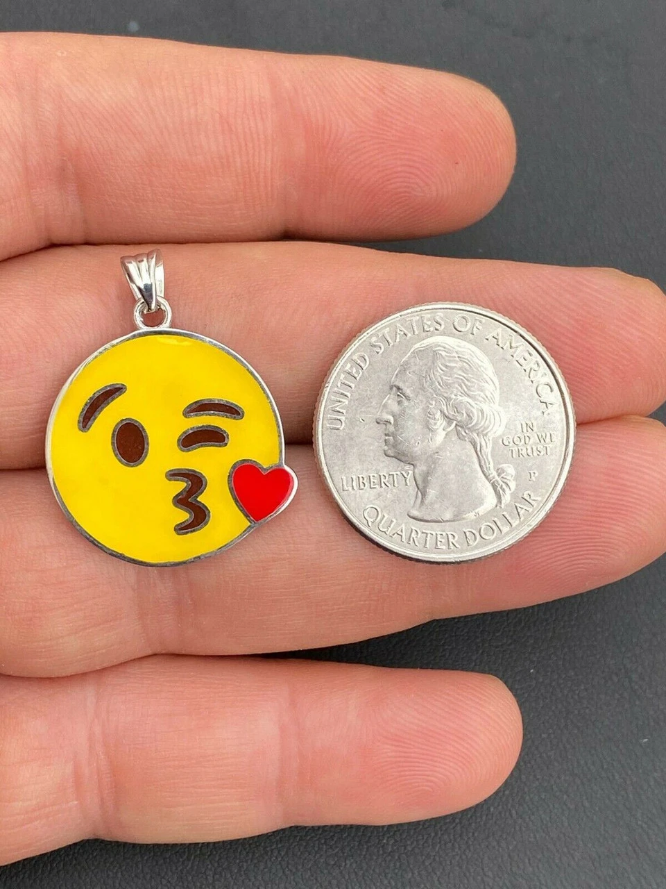 Smiley Blow Kiss Love Emoji Solid 925 Sterling Silver 1" Pendant For Necklace 4 Smiley Blow Kiss Love Emoji Solid 925 Sterling Silver 1" Pendant For Necklace - Image 2